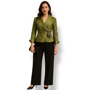 Vintage Victor Costa Women's Green Floral Crinkle Jacket Size 10 Wedding Formal